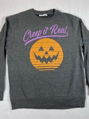 Mighty Fine Gray Crewneck with Orange Jack-O'-Lantern and Purple Script
